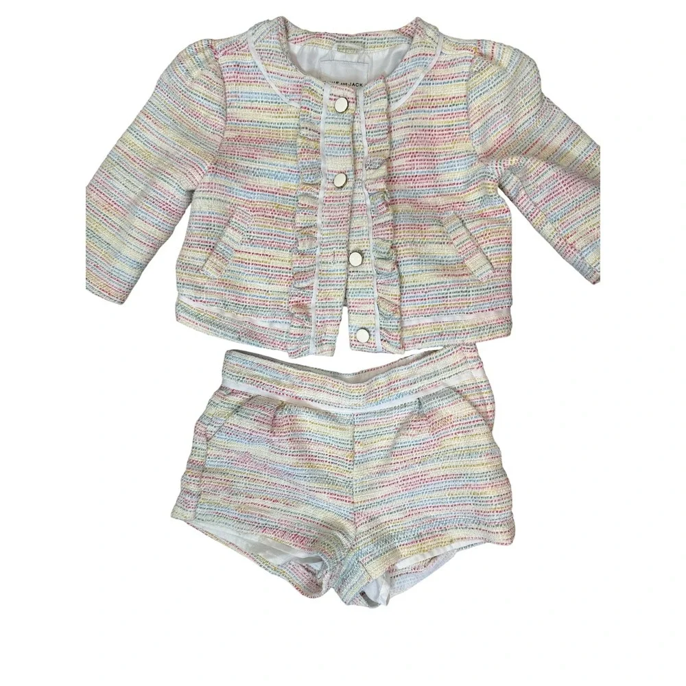 Janie And Jack Jacket Shorts Set Girls 6 Multicolor Stripe Tweed Ruffle Trim